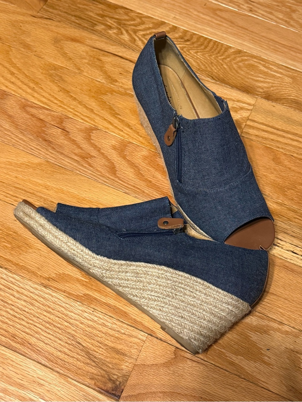 Comfortview Denim Peep-Toe Espadrille Wedges - Navy